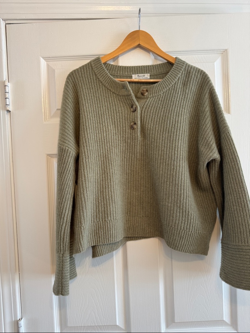 Madewell Sage Ribbed Button-Front Crew Sweater recycled cashmere